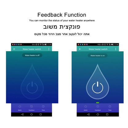 מתג חכם לדוד מים עם WiFi – שליטה מרחוק, הפעלה קולית, וטיימר תואם Alexa ו-Google Home – לתפעול חכם ונוח בכל מקום