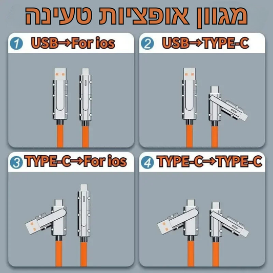 כבל נתונים 100W 4-ב-1 לטעינה מהירה במיוחד – Type-C ל-Lightning, רב-שימושי ומתאים לכל סוגי המכשירים