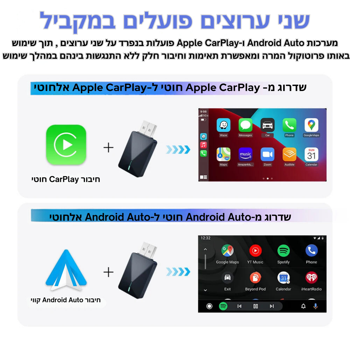 מכשיר Apple CarPlay ו-Android Auto קווי לאלחוטי 2 ב-1 – מתאים ל-99% מהרכבים עם CarPlay מקורי. קומפקטי, נייד ואופנתי, עם חיבור מהיר בטכנולוגיית WiFi 5GHz ו-Bluetooth 5.0 להפעלה חלקה וקלה