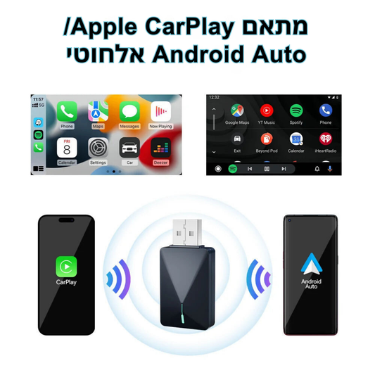 מכשיר Apple CarPlay ו-Android Auto קווי לאלחוטי 2 ב-1 – מתאים ל-99% מהרכבים עם CarPlay מקורי. קומפקטי, נייד ואופנתי, עם חיבור מהיר בטכנולוגיית WiFi 5GHz ו-Bluetooth 5.0 להפעלה חלקה וקלה