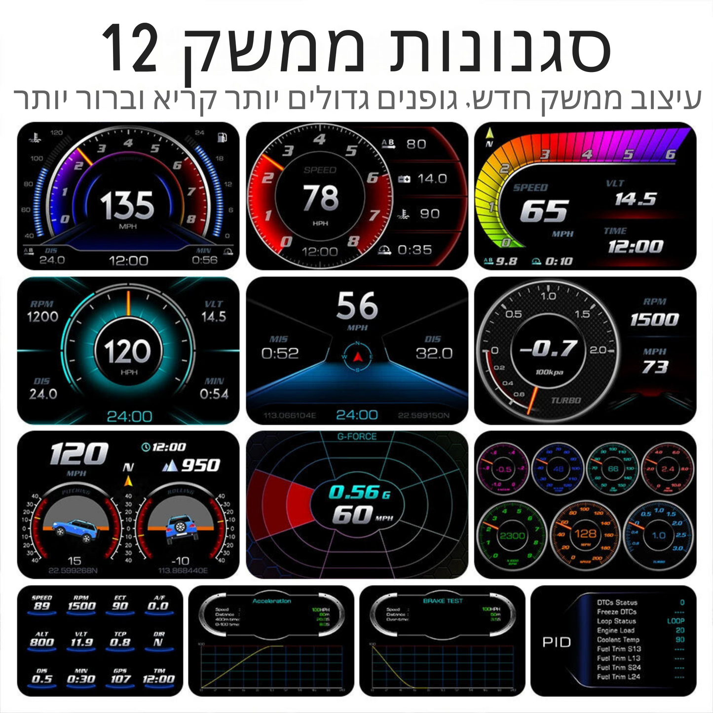 תצוגת ראש חכמה לרכב OBD + GPS – מד מהירות דיגיטלי עם 12 עיצובים, תצוגת קילומטר לליטר, מד טמפרטורת מים, חיווי צריכת דלק, מד זווית שיפוע ומגוון פונקציות מתקדמות לשיפור חוויית הנסיעה