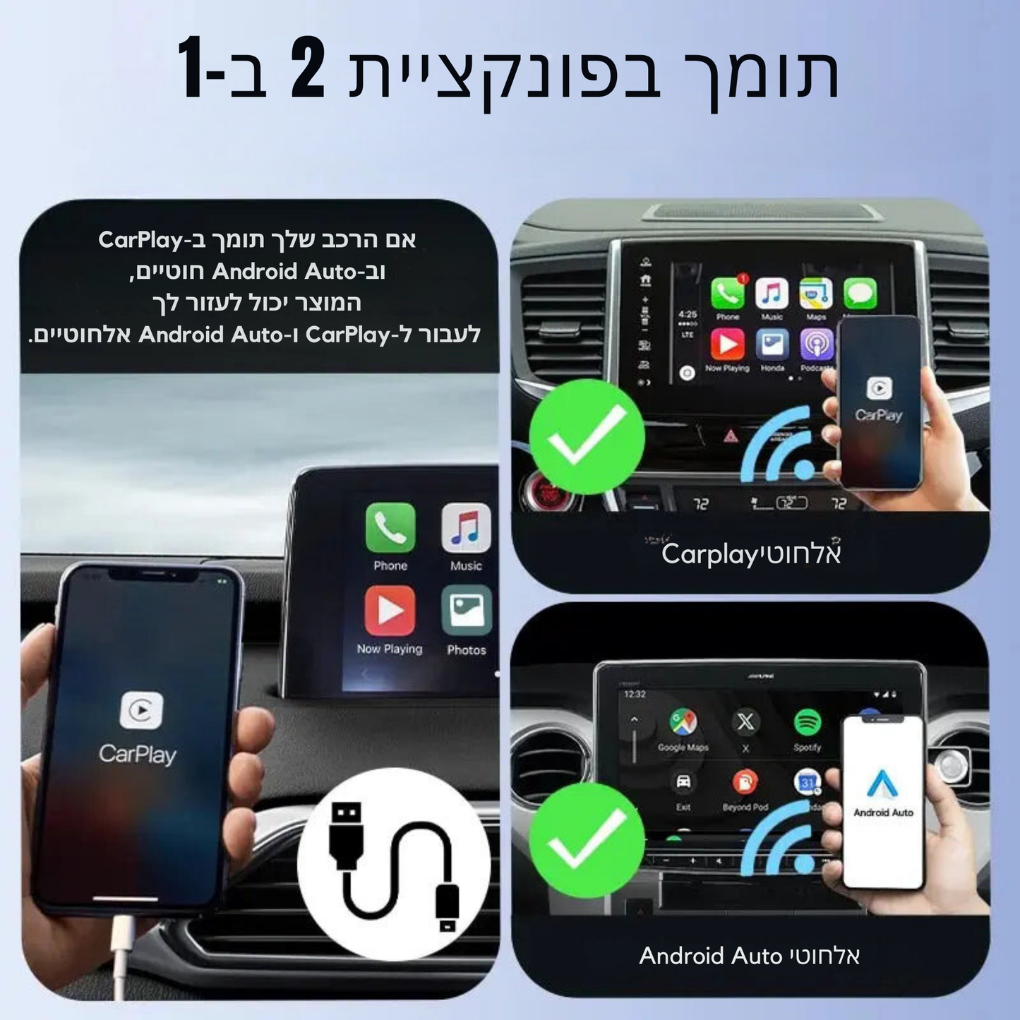 מתאם אלחוטי מתקדם ל-Apple CarPlay ו-Android Auto - חיבור מהיר עם WiFi 5GHz, תואם לרכבים עם CarPlay קווי, חיבור USB Plug & Play