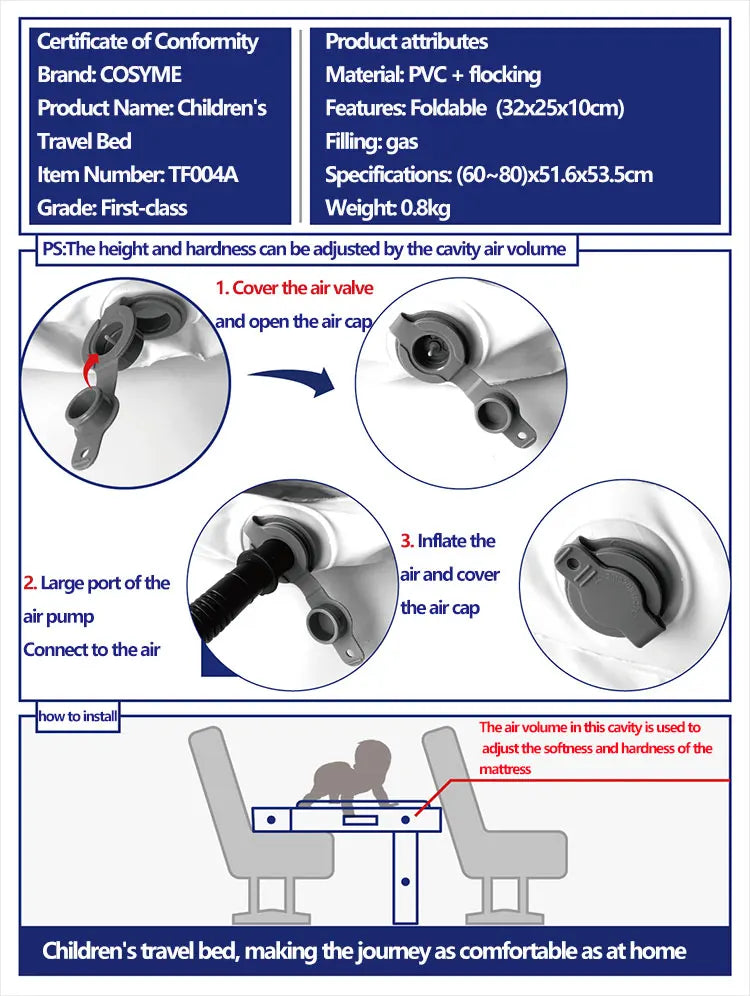 מזרן מתנפח למטוס – מיטת אוויר נוחה ופרקטית לנסיעות ארוכות, אידיאלית לילדים ותינוקות, מושלמת לשימוש במטוס, רכבת, רכב ומשאית, להבטחת נוחות ושינה מרגיעה בכל נסיעה