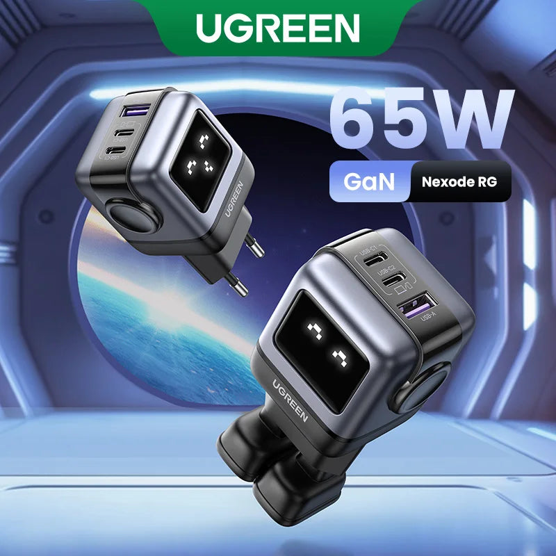 מטען מהיר 65W מבית uGreen – עיצוב רובוטי, טעינה מהירה Quick Charge 4.0 למכשירי iPhone, MacBook, טאבלטים, מחשבים ניידים, אוזניות ושעונים